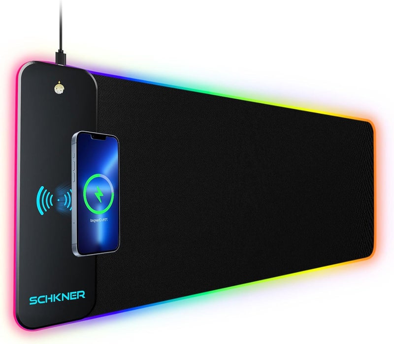 Schkner RGB Gaming Mouse Pad with Wireless Charging 15W, Large Desk Mat 800x300x4mm, 10 Light Modes Keyboard Pad with Non-Slip Rubber Base, Waterproof Mousepad for Gaming PC MacBook Laptop - Image 1